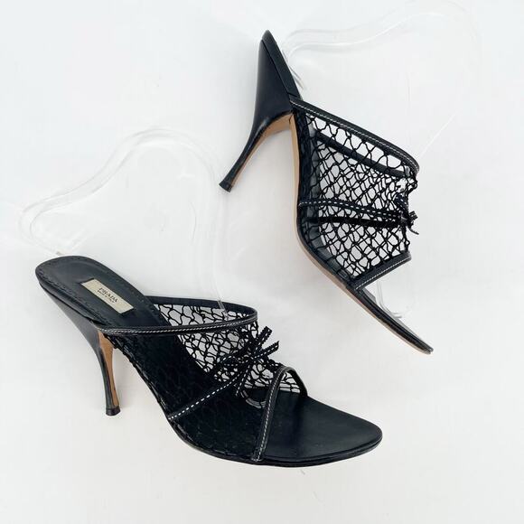 Prada Vintage Black Fishnet Bow Detail Retro Mule Slide Sandal Heel size IT 38.5 - Picture 4 of 11